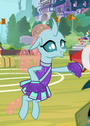 Size: 557x780 | Tagged: safe, screencap, ocellus, 2 4 6 greaaat, cheerleader ocellus, cheerleader outfit, clothes, cropped, cute, diaocelles, flying, megaphone, smiling, solo