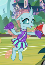 Size: 539x769 | Tagged: safe, screencap, ocellus, 2 4 6 greaaat, cheerleader ocellus, cheerleader outfit, clothes, cropped, cute, diaocelles, flying, megaphone, open mouth, solo