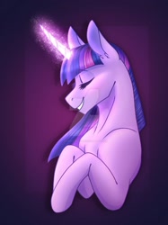 Size: 1280x1712 | Tagged: safe, artist:cassidyjacobs, twilight sparkle, unicorn twilight, pony, unicorn, deviantart watermark, eyes closed, glowing horn, horn, obtrusive watermark, smiling, solo, watermark