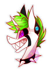 Size: 1224x1704 | Tagged: safe, artist:neonnecr0sis, oc, oc:smiley, pony, unicorn, black sclera, choker, male, sharp teeth, solo, spiked choker, teeth