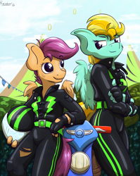 Size: 4357x5484 | Tagged: safe, artist:rainihorn, lightning dust, scootaloo, anthro, pegasus, the washouts (episode), clothes, female, helmet, motorcycle, pint-sized dynamite, scooter, screentone, smug, sports, springboard, uniform, washouts uniform, wings