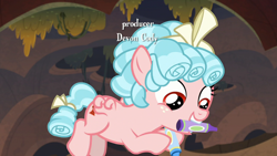 Size: 1280x720 | Tagged: safe, screencap, cozy glow, pegasus, pony, frenemies (episode), crayon, female, filly, flying, foal, mouth hold, solo