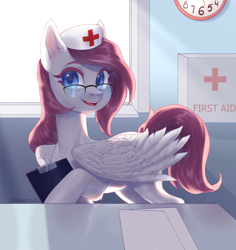 Size: 3286x3481 | Tagged: safe, artist:helemaranth, oc, oc only, oc:astral heart, pegasus, pony, clock, commission, female, glasses, hat, high res, mare, nurse, nurse hat, rcf community, smiling, solo