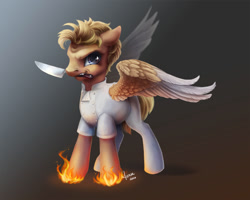 Size: 1500x1200 | Tagged: safe, artist:paintedhoofprints, gourmand ramsay, pegasus, pony, fire, gordon ramsay, kitchen knife, knife, male, mouth hold, ponified, stallion