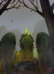 Size: 1024x1396 | Tagged: safe, artist:asianpony, derpibooru import, oc, oc only, oc:storm spark, pony, crying, flower, gravestone, magic, rain, solo, tears of joy, teary eyes, tree, wet mane