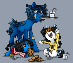 Size: 900x780 | Tagged: artist needed, safe, oc, oc:horror vacui, pegasus, colt, cookie, drink, female, filly, food, happy, male, ponysona, tray