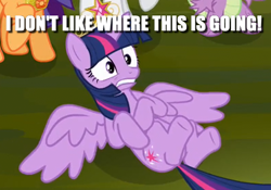 Size: 398x279 | Tagged: safe, edit, edited screencap, screencap, twilight sparkle, twilight sparkle (alicorn), alicorn, princess twilight sparkle (episode), big crown thingy, caption, cropped, element of magic, image macro, jewelry, nervous, on back, reaction image, regalia, text