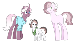 Size: 7696x4240 | Tagged: safe, artist:musicbetmlp, oc, oc only, oc:love letter, oc:melody joy, oc:pearl, earth pony, pony, unicorn, clothes, colt, curved horn, horn, magical lesbian spawn, male, offspring, parent:cheerilee, parent:rarity, parents:rarilee, simple background, stallion, sweater, white background