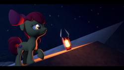 Size: 1920x1080 | Tagged: safe, artist:skylairo, apple bloom, earth pony, pony, 3d, cutie mark, glowing eyes, hill, lamp, lantern, light, sky, solo, stars