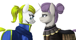 Size: 1231x649 | Tagged: safe, artist:printik, oc, oc only, oc:honoria, oc:white star, pony, unicorn, equestria at war mod, clothes, confrontation, dress, duo, face paint, female, frown, looking at each other, mare, narrowed eyes, profile, queen, sidemouth, simple background, smiling, smirk, transparent background