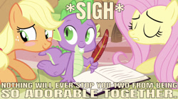 Size: 640x359 | Tagged: safe, edit, edited screencap, editor:undeadponysoldier, screencap, applejack, fluttershy, spike, dragon, earth pony, pegasus, pony, bats!, applespike, blushing, book, cute, eyes closed, female, jackabetes, male, mare, quill, shipper on deck, shipping, sigh, straight