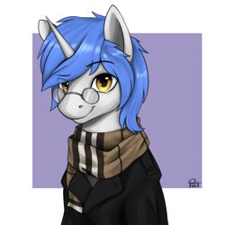 Size: 894x894 | Tagged: safe, artist:printik, oc, oc only, oc:silver rope, pony, unicorn, abstract background, clothes, coat, commission, eye clipping through hair, glasses, looking at you, male, raised eyebrow, scarf, smiling, solo, stallion