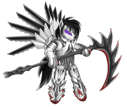 Size: 800x689 | Tagged: artist needed, safe, oc, oc only, oc:horror vacui, pegasus, pony, robot, robot pony, ponysona, scythe, simple background, solo, transparent background