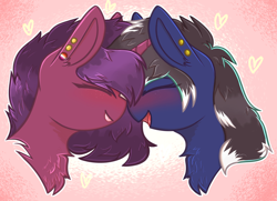 Size: 2900x2099 | Tagged: safe, artist:sailor, oc, oc only, oc:livewire, oc:rubellite, pony, blushing, boop, chest fluff, female, happy, lesbian, lesbian pride flag, mare, noseboop, open mouth, piercing, tongue out