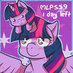 Size: 500x500 | Tagged: safe, artist:kingkero, twilight sparkle, twilight sparkle (alicorn), alicorn, pony, season 9, blushing, bust, countdown, cutie mark background, duality, eye clipping through hair, female, filly, filly twilight sparkle, hype, portrait, season 9 countdown, self ponidox, spread wings, wings, younger