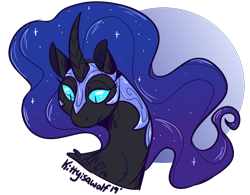 Size: 1280x1000 | Tagged: safe, artist:kittyisawolf, nightmare moon, pony, bust, curved horn, ethereal mane, helmet, horn, portrait, simple background, solo, starry mane, transparent background