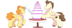 Size: 1280x512 | Tagged: safe, artist:itstechtock, pound cake, pumpkin cake, pony, cake, food, icing bag, magic, older