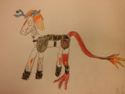 Size: 3264x2448 | Tagged: safe, artist:makarosc, oc, oc:dark mist, pony, armor, fire pony, photo, traditional art