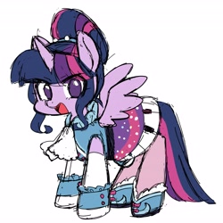 Size: 4096x4096 | Tagged: safe, artist:katuhira_rinmi, twilight sparkle, twilight sparkle (alicorn), alicorn, pony, friendship through the ages, absurd resolution, alternate hairstyle, clothes, cute, dress, equestria girls ponified, female, hair bun, looking at you, mare, no pupils, open mouth, piano dress, ponified, simple background, solo, twiabetes, white background