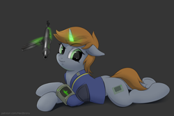 Size: 3535x2346 | Tagged: safe, artist:hardbrony, oc, oc only, oc:littlepip, pony, unicorn, fallout equestria, clothes, cutie mark, fanfic, fanfic art, female, floppy ears, glowing horn, gray background, gun, hooves, horn, levitation, lying down, magic, mare, pipbuck, prone, simple background, solo, submachinegun, telekinesis, vault suit, weapon
