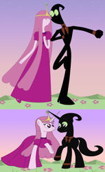Size: 2232x3655 | Tagged: artist needed, source needed, safe, businessman, cartoon network, clothes, couple, dress, female, happy, husband and wife, male, mare, nergal, nergal and princess bubblegum, princess bubblegum, shipping, stallion, together forever