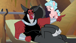 Size: 1280x720 | Tagged: safe, screencap, cozy glow, lord tirek, centaur, pegasus, pony, frenemies (episode), barbell, bow, cloven hooves, crossed hooves, duo, female, filly, flying, foal, hair bow, male, nose piercing, nose ring, piercing, pointing, tail bow