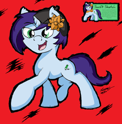 Size: 1496x1520 | Tagged: safe, artist:lucas_gaxiola, oc, oc:swift sketch, pony, unicorn, abstract background, female, flower, flower in hair, mare, open mouth, raised hoof, signature, smiling