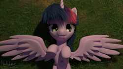 Size: 1920x1080 | Tagged: safe, artist:nebulafactory, twilight sparkle, twilight sparkle (alicorn), alicorn, pony, 3d, blender, grass, looking at you, lying down