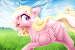 Size: 3000x2000 | Tagged: safe, artist:sparkling_light, oc, oc only, oc:bay breeze, pegasus, pony, bow, cute, female, field, hair bow, mare, open mouth, running, ych result