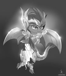 Size: 832x960 | Tagged: safe, artist:zidanemina, smolder, dragon, armor, crossover, dragoness, female, grayscale, monochrome, saint seiya, solo