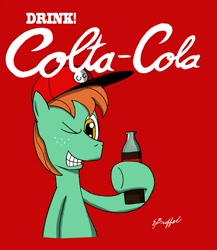 Size: 900x1036 | Tagged: safe, artist:cartoon-eric, earth pony, pony, advertisement, cap, coca-cola, hat, hoof hold, one eye closed, wink