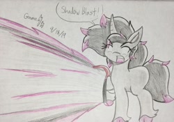 Size: 2190x1536 | Tagged: safe, artist:gamerblitz77, oleander, unicorn, them's fightin' herds, book, community related, dialogue, female, laser, magic, mare, shadow blast, solo, traditional art