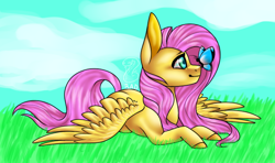 Size: 646x383 | Tagged: safe, artist:blitsazalisdash, artist:fixielle, fluttershy, butterfly, pegasus, pony, collaboration, butterfly on nose, female, insect on nose, mare, open collaboration, prone, smiling, solo, spread wings, wings