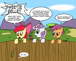 Size: 900x720 | Tagged: safe, artist:cartoon-eric, apple bloom, scootaloo, sweetie belle, mouse, pony, comic:cmc and gear loose, cutie mark crusaders, fence, my leg, offscreen character, running gag, spongebob squarepants, sweetie fail