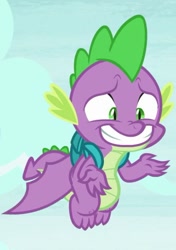 Size: 509x721 | Tagged: safe, screencap, spike, dragon, dragon dropped, backpack, cropped, grin, nervous, nervous grin, smiling, solo, winged spike