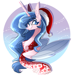 Size: 3353x3396 | Tagged: safe, artist:sugaryicecreammlp, oc, oc:sparkdust knight, alicorn, pony, bust, christmas, clothes, female, hat, holiday, mare, portrait, santa hat, scarf, solo, two toned wings, wings