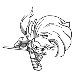 Size: 1024x1024 | Tagged: safe, artist:petirep, oc, oc only, pegasus, pony, armor, black and white, bracer, buck legacy, card art, cloak, clothes, determined, grayscale, looking at you, male, monochrome, simple background, solo, sword, transparent background, weapon