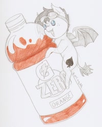 Size: 984x1230 | Tagged: safe, artist:ravenpuff, oc, oc:puffy, bat pony, pony, chibi, female, gatorade, mare, solo, traditional art