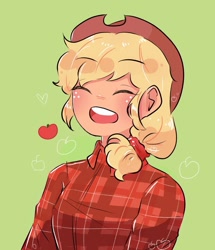 Size: 773x900 | Tagged: safe, artist:perperu, applejack, human, apple, bust, cute, eyes closed, female, flannel, green background, heart, humanized, jackabetes, obligatory apple, open mouth, simple background, solo