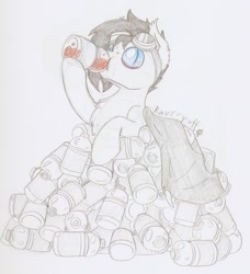 Size: 1069x1173 | Tagged: safe, artist:ravenpuff, oc, oc:puffy, bat pony, pony, bottle, drink, drinking, female, gatorade, goggles, mare, partial nudity, solo, traditional art
