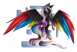 Size: 2353x1598 | Tagged: safe, artist:fluxittu, derpibooru import, oc, oc:flaming rainbow, alicorn, pony, colored wings, female, mare, multicolored wings, solo