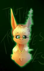 Size: 400x648 | Tagged: safe, artist:fixielle, applejack, earth pony, pony, abstract background, big ears, bust, cheek fluff, chest fluff, crying, duality, element of honesty, error, female, glitch, impossibly large ears, jewelry, liarjack, long ears, looking at you, mare, necklace, redraw, smiling, solo