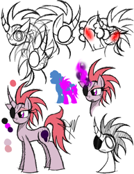 Size: 888x1150 | Tagged: safe, artist:didun850, oc, oc only, oc:afterlight, pony, unicorn, blushing, bust, eyepatch, female, horn, mare, reference sheet, signature, unicorn oc, white eyes