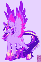 Size: 610x920 | Tagged: safe, artist:uberchargecovu, derpibooru import, twilight sparkle, twilight sparkle (alicorn), alicorn, pony, chest fluff, colored hooves, colored wings, colored wingtips, ear fluff, female, fluffy, glasses, leg fluff, mare, purple background, rainbow power, simple background, smiling, smirk, solo, spread wings, unshorn fetlocks, wing fluff, wings