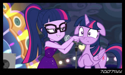 Size: 1288x778 | Tagged: safe, edit, edited screencap, editor:teren rogriss, screencap, sci-twi, twilight sparkle, twilight sparkle (alicorn), alicorn, pony, better together, equestria girls, spring breakdown, boop, floppy ears, glasses, microphone, self ponidox, twolight, twolight timeline