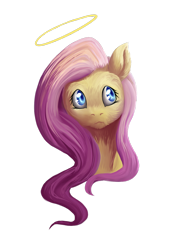 Size: 1024x1477 | Tagged: safe, artist:fixielle, fluttershy, angel, pegasus, pony, bust, female, fluffy, fluttershy the angel, halo, looking up, mare, simple background, solo, transparent background