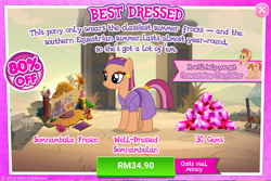 Size: 1037x693 | Tagged: safe, cactus fruit, earth pony, pony, advertisement, clothes, costs real money, dress, female, fresco, gameloft, gem, mare, official, sale, somnambula resident