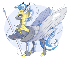 Size: 2193x1849 | Tagged: safe, artist:marbola, oc, oc only, oc:cloud zapper, pegasus, pony, armor, helmet, male, royal guard, royal guard armor, solo, spear, stallion, weapon