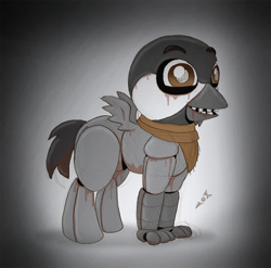 Size: 680x671 | Tagged: safe, artist:ravenpuff, oc, oc only, oc:burd, hippogriff, animatronic, clothes, five nights at freddy's, gradient background, hippogriff oc, male, scarf, solo