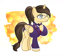 Size: 3121x2802 | Tagged: safe, artist:rish--loo, derpibooru import, oc, oc only, oc:eternal light, alicorn, pony, alicorn oc, clothes, glasses, horn, male, ponytail, smiling, stallion, suit, wings